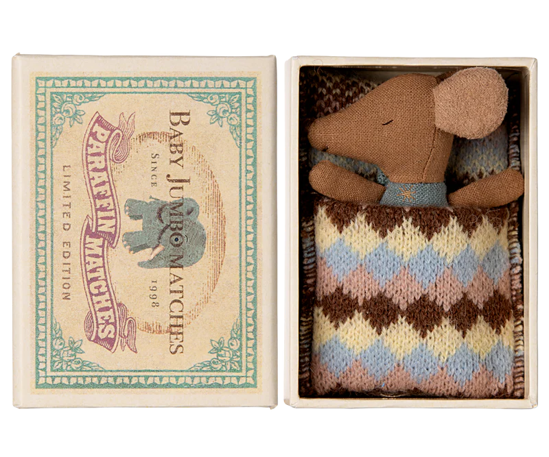 Sleepy Wakey Baby Mouse in Matchbox - dark brown, blue