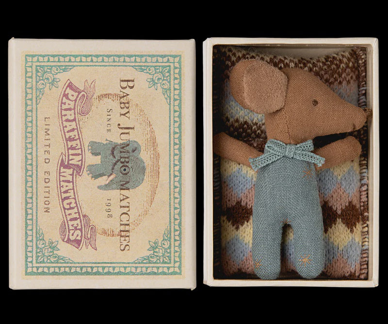 Sleepy Wakey Baby Mouse in Matchbox - dark brown, blue