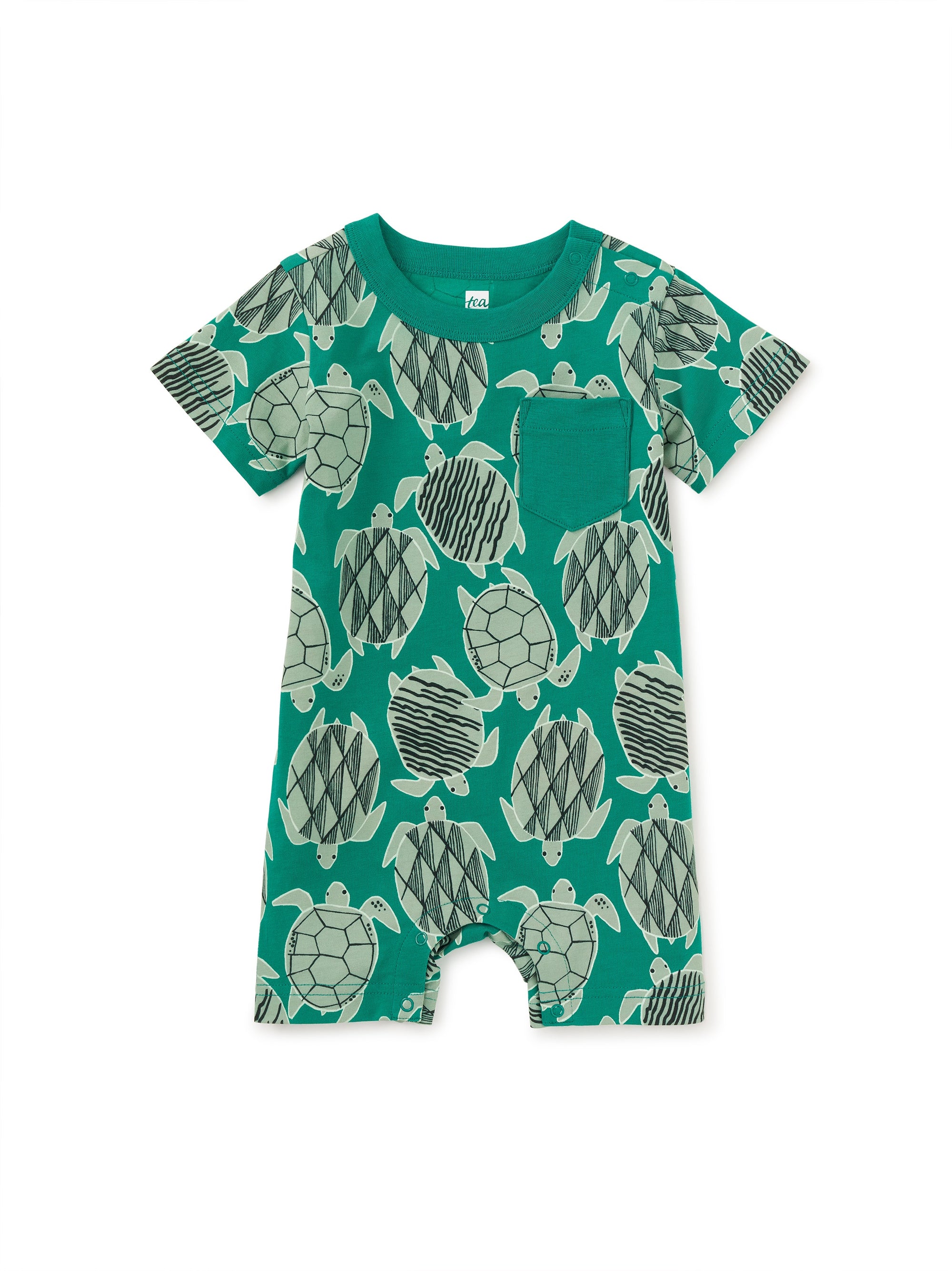 Pocket Shortie Baby Romper - Tiled Turtles