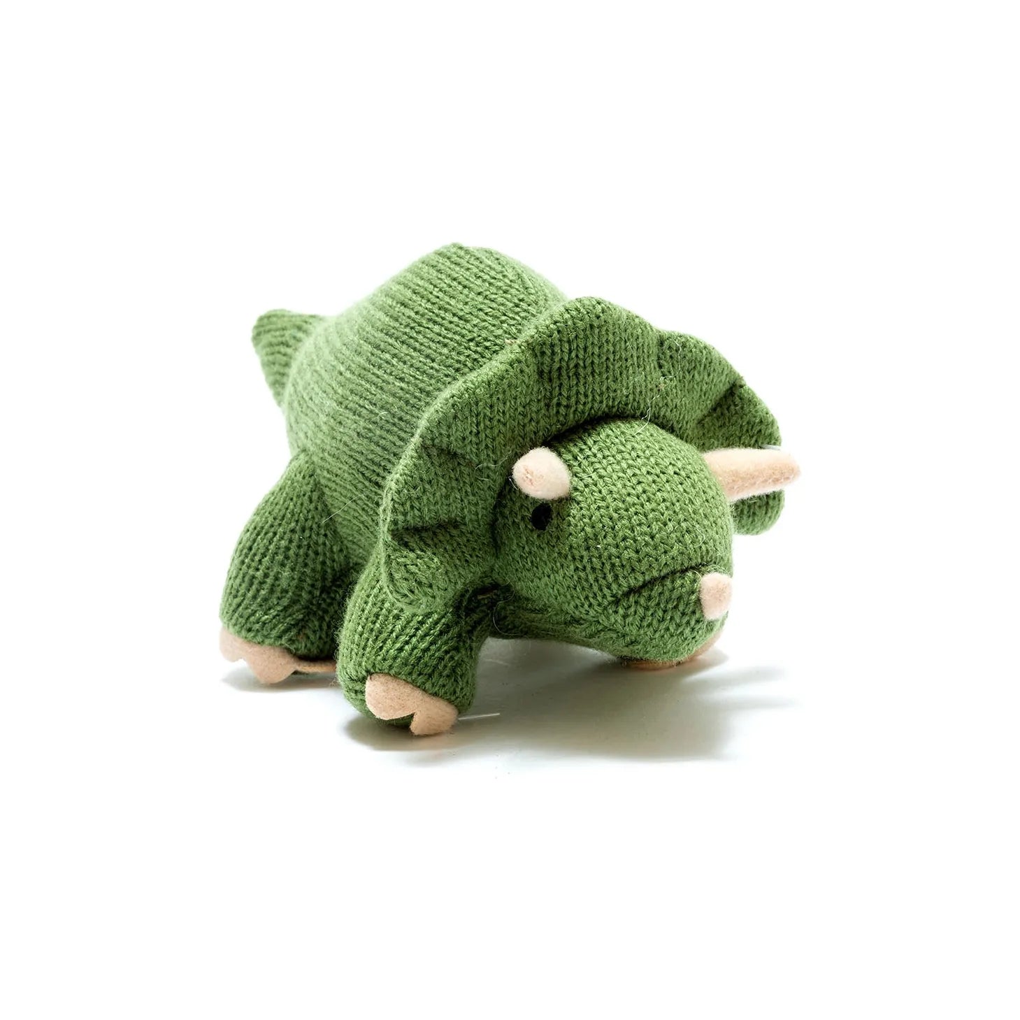 Knitted Dinosaur Baby Rattle - Moss Green Triceratops
