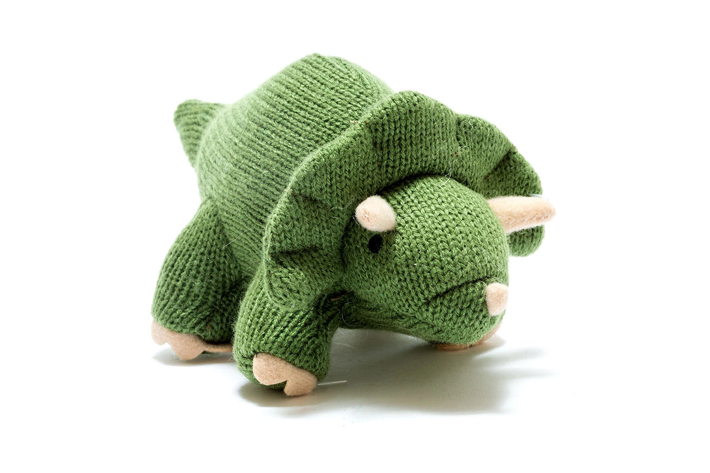 Knitted Dinosaur Baby Rattle - Moss Green Triceratops