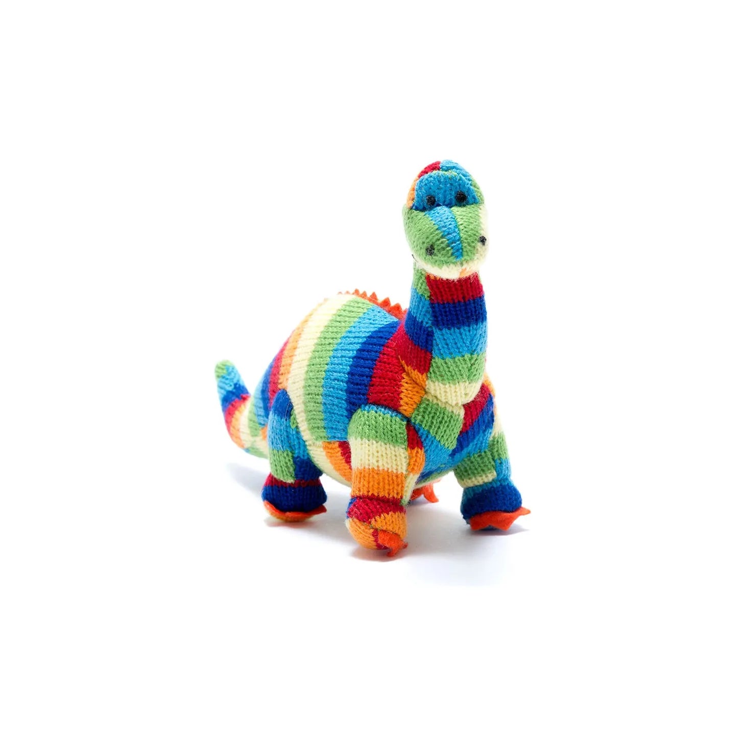 Knitted Dinosaur Baby Rattle - Bold Stripe Diplodocus