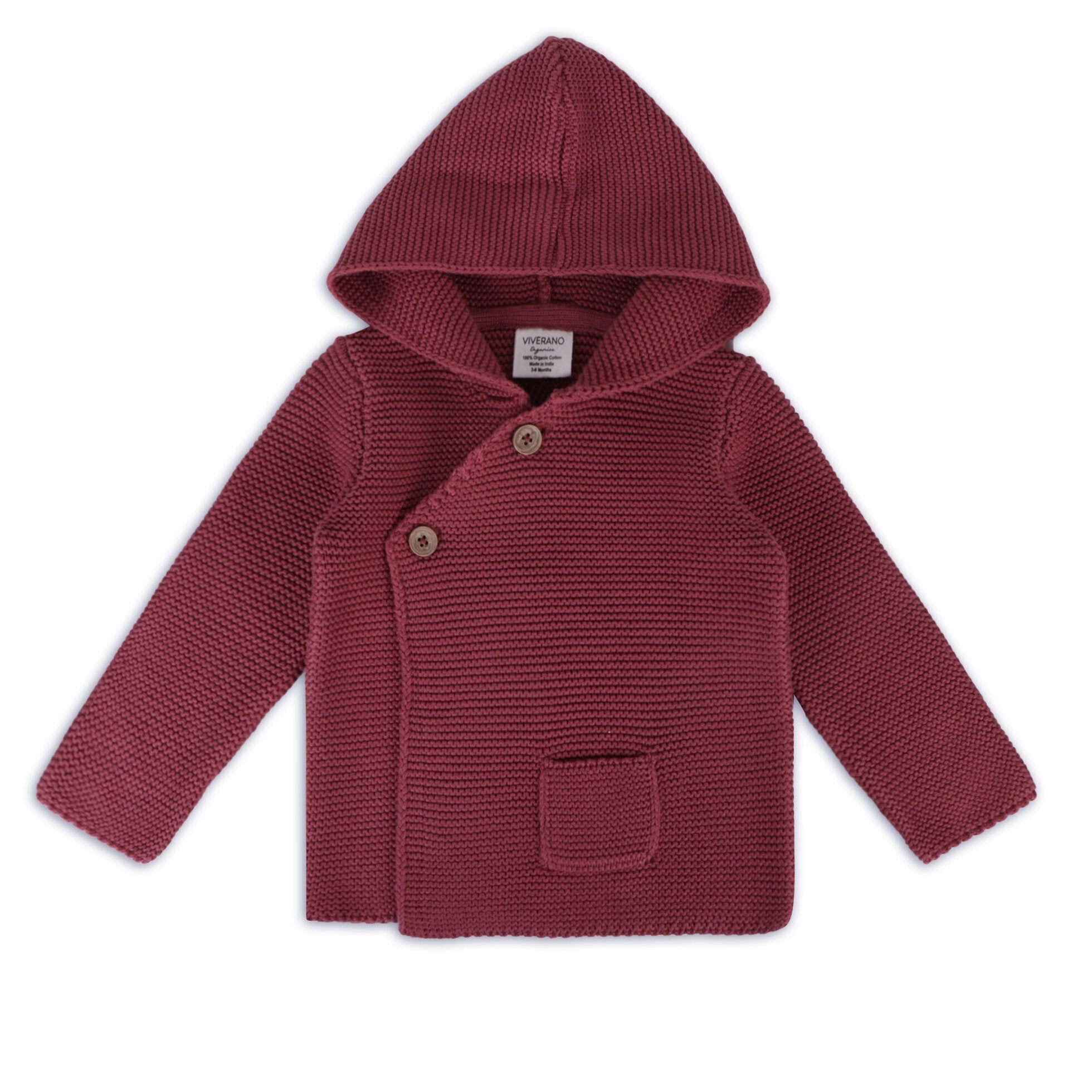 Hooded Button & Pocket Sweater Knit Baby Jacket - Berry