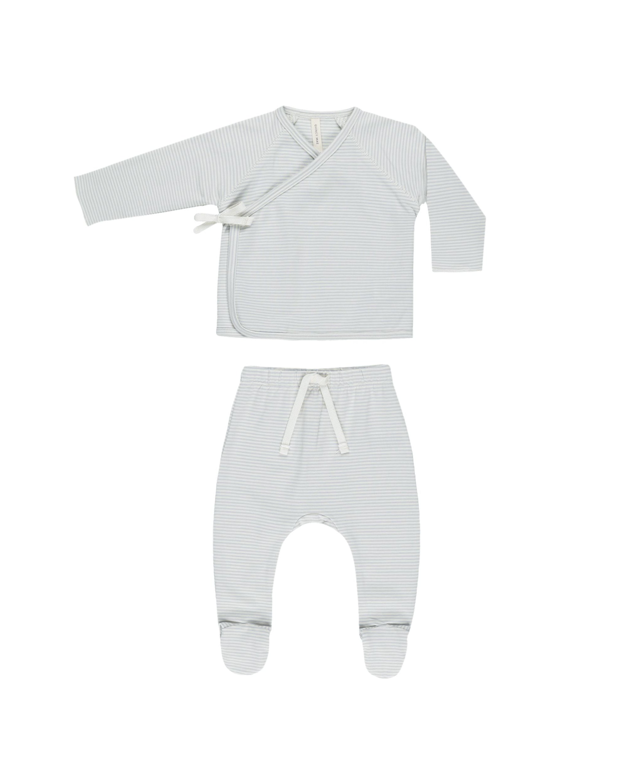 Wrap Top & Footed Pant Set - Sky Micro Stripe