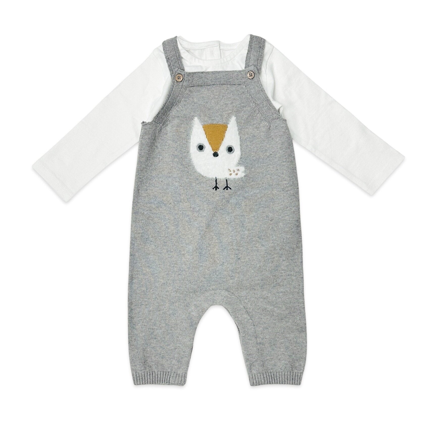 Owl Applique Sweater Knit Baby Overall & Bodysuit Set - Heather Grey